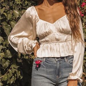 Lulu’s Sophisticate Cream Satin Ruched Long Sleeve Blouse with Puff Sleeves